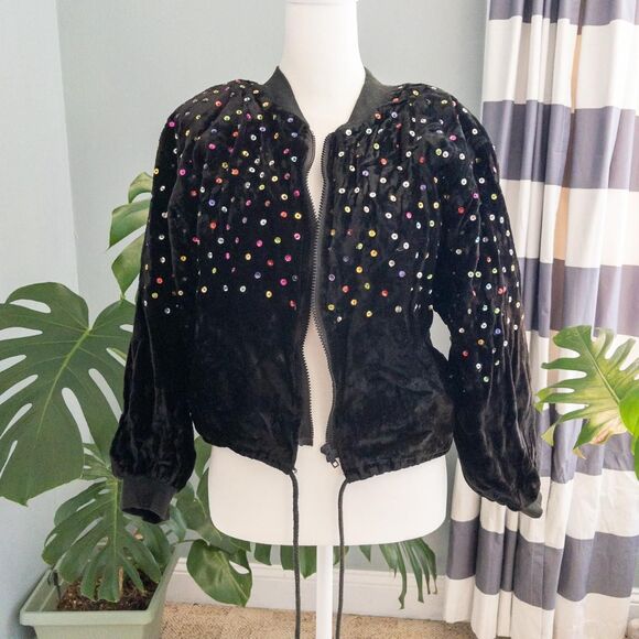Vintage Speed Limit black velvet bomber jacket with rainbow sequins size small - Picture 1 of 8